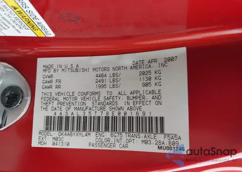 2008 Mitsubishi Eclipse Spyder Gt z USA, uszkodzony, nr VIN 4A3AL35T78E001691